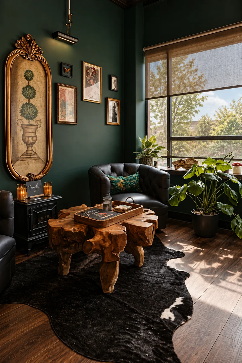 Studio lounge with dark green walls, framed artwork, leather seating and plants beside the window