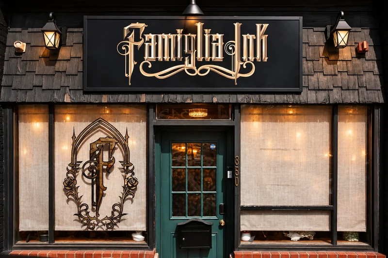 Gold Famiglia Ink monogram and rose artwork on the studio's front window beside the entrance